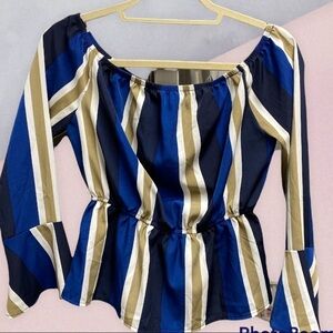 Lulu’s blouse peasant style off/on shoulders long bell sleeves stripes Sz Small
